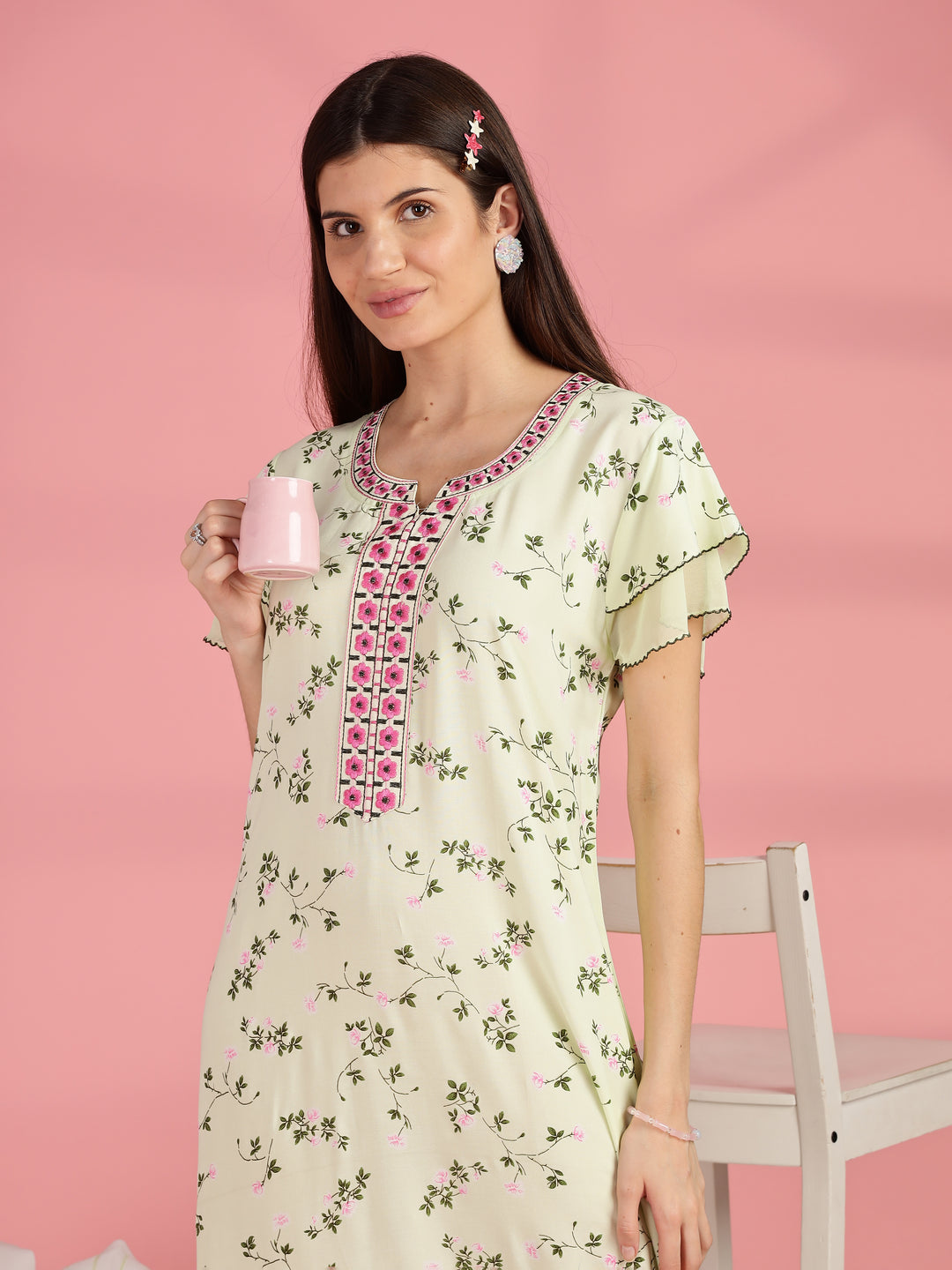 Light Yellow Floral Nighty for Women with Pocket