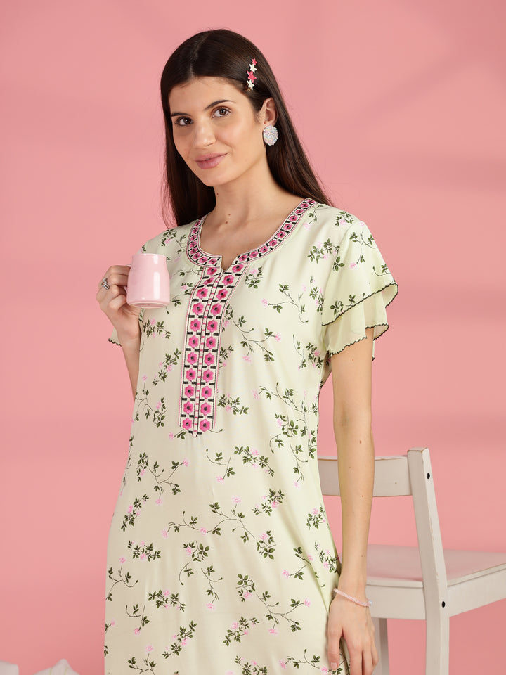 Light Yellow Floral Nighty for Women with Pocket
