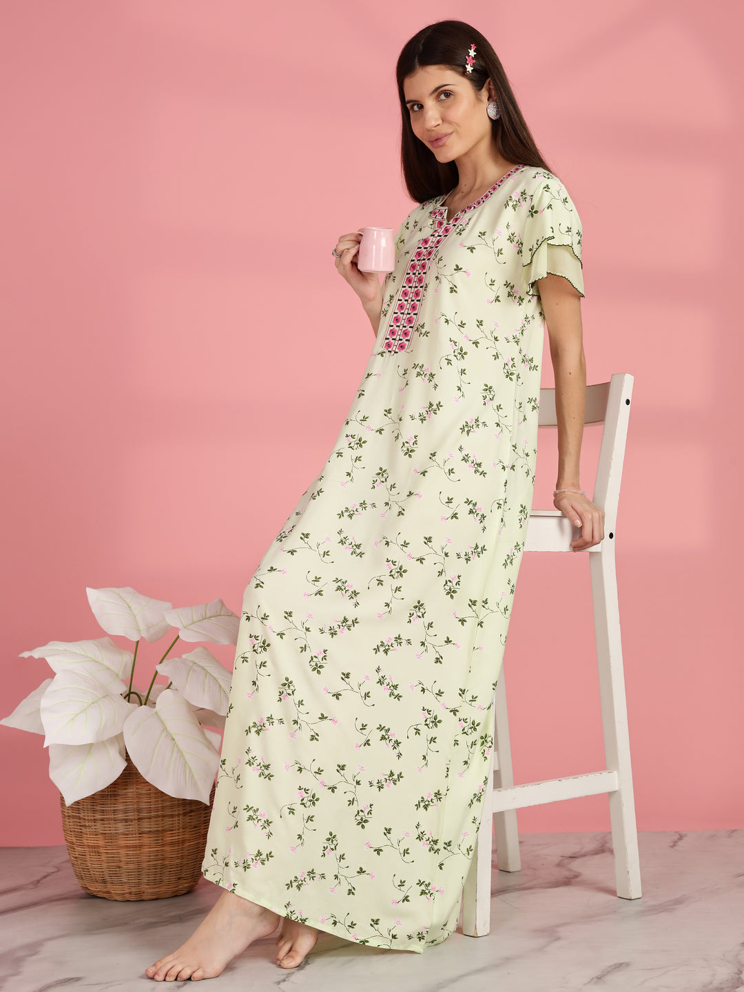 Light Yellow Floral Nighty for Women with Pocket