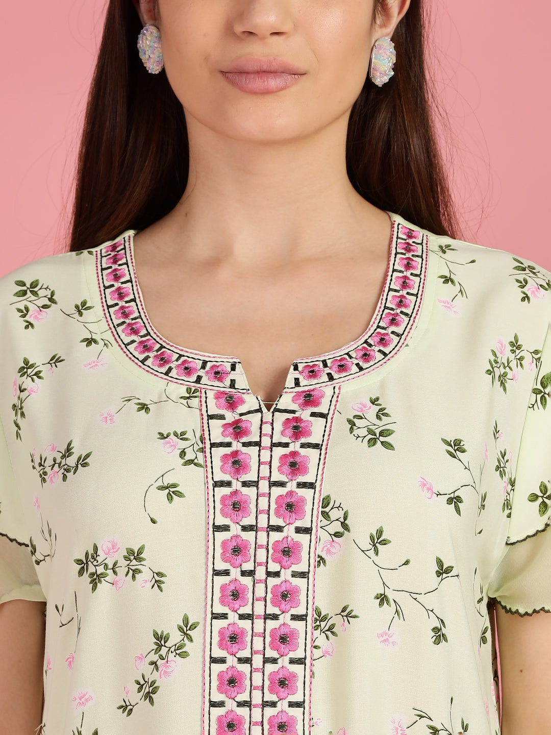 Light Yellow Floral Nighty for Women with Pocket