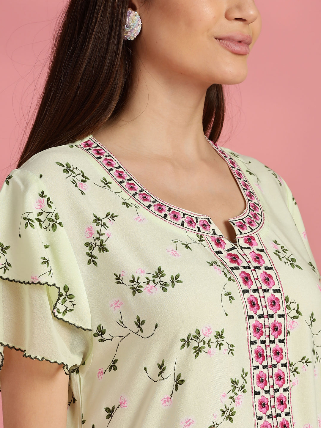 Light Yellow Floral Nighty for Women with Pocket