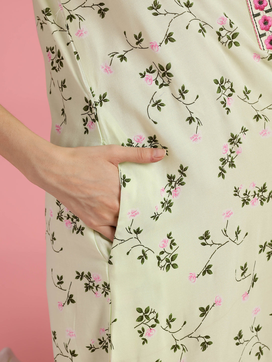 Light Yellow Floral Nighty for Women with Pocket