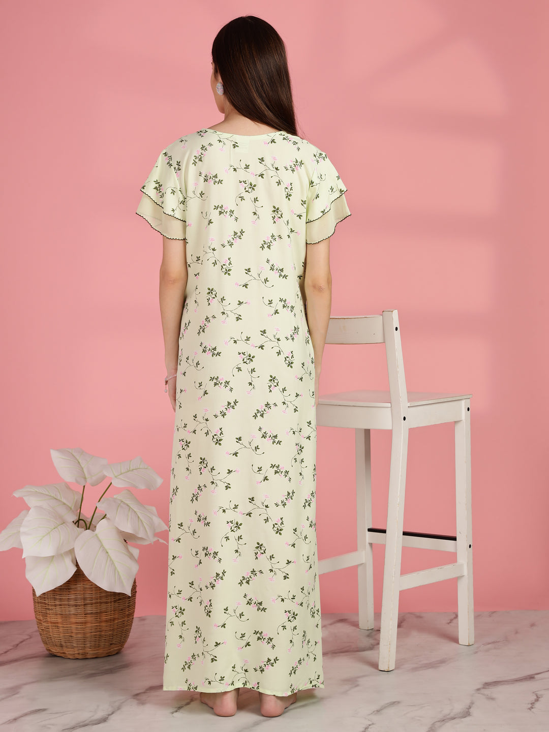 Light Yellow Floral Nighty for Women with Pocket