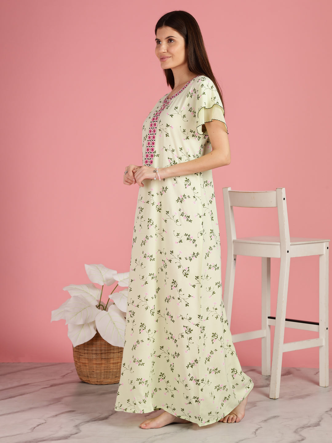Light Yellow Floral Nighty for Women with Pocket