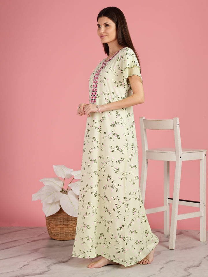 Light Yellow Floral Nighty for Women with Pocket