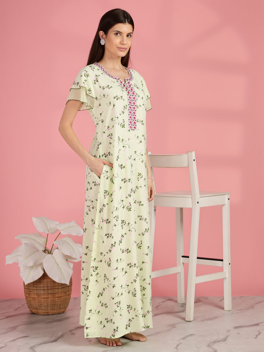 Light Yellow Floral Nighty for Women with Pocket