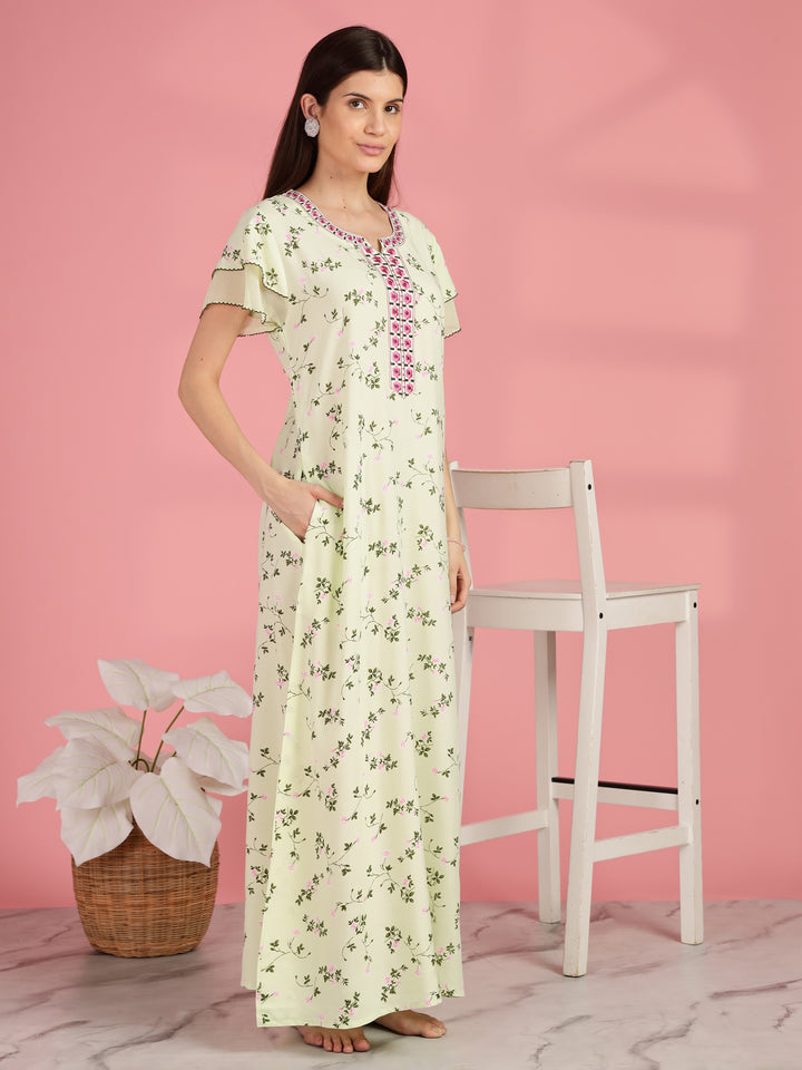 Light Yellow Floral Nighty for Women with Pocket