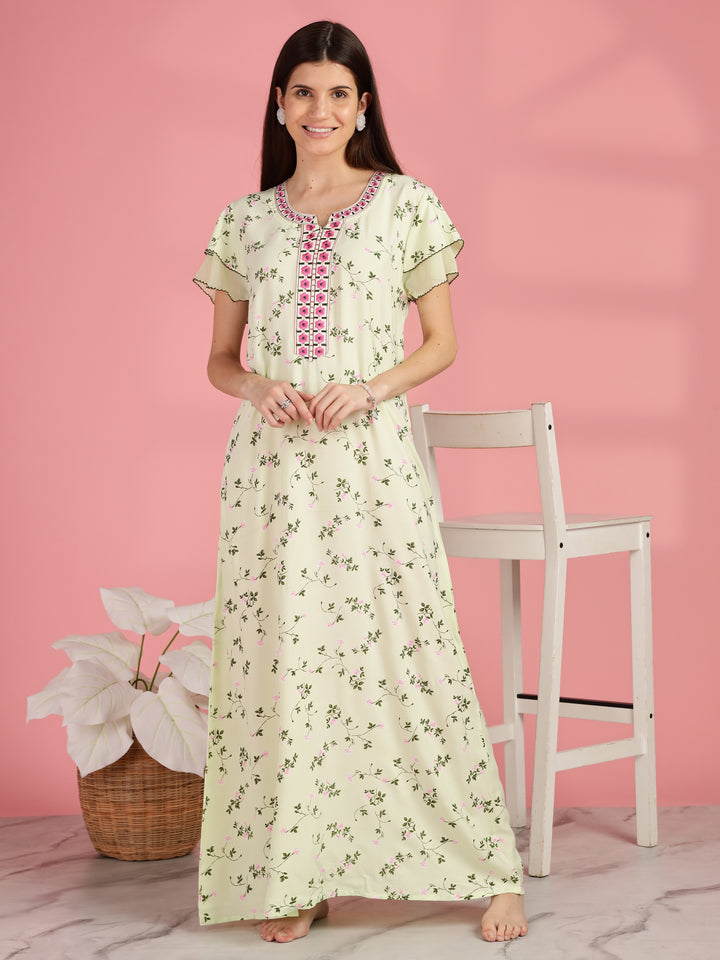 Light Yellow Floral Nighty for Women with Pocket