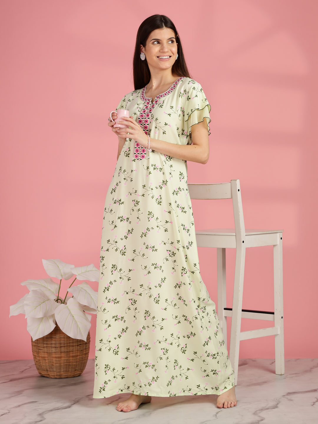 Light Yellow Floral Nighty for Women with Pocket