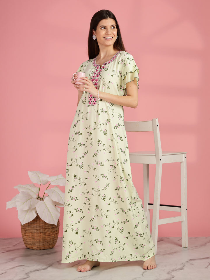 Light Yellow Floral Nighty for Women with Pocket