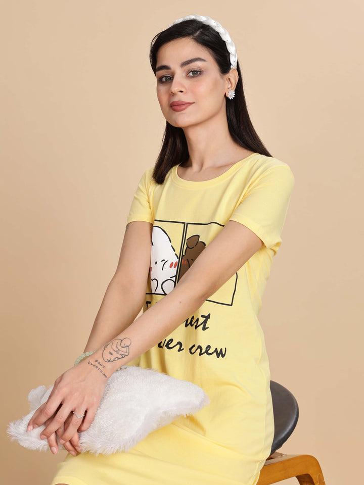 Light Yellow Short Nighty Cotton For Women