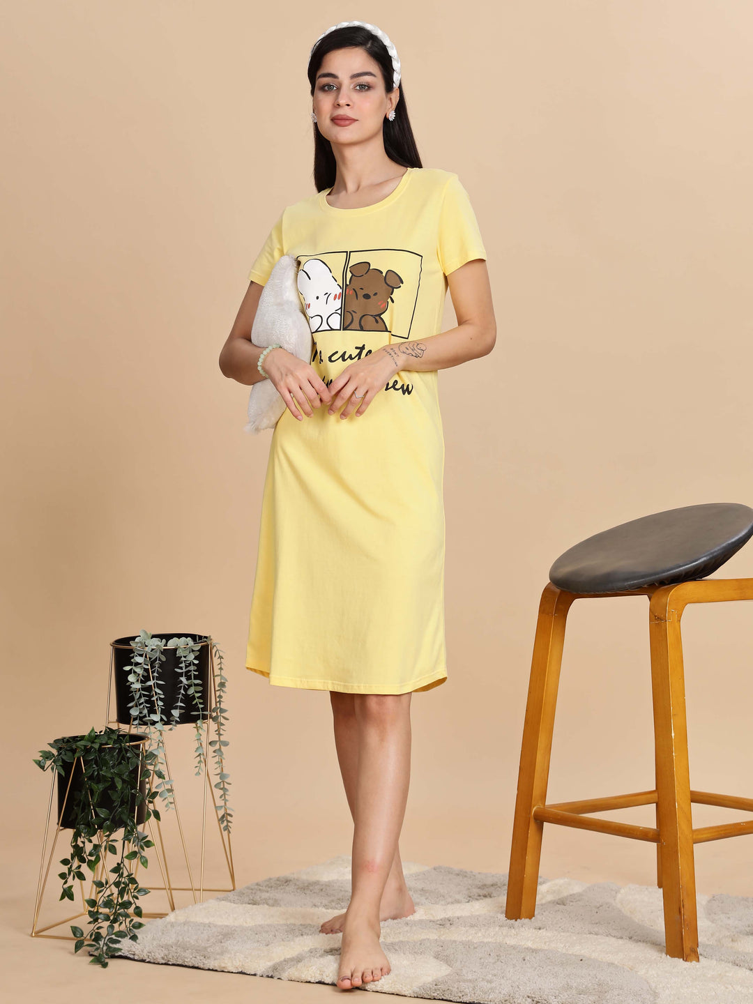 Light Yellow Short Nighty Cotton For Women