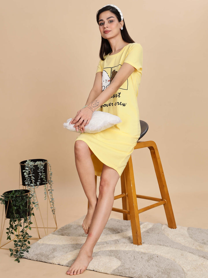 Light Yellow Short Nighty Cotton For Women