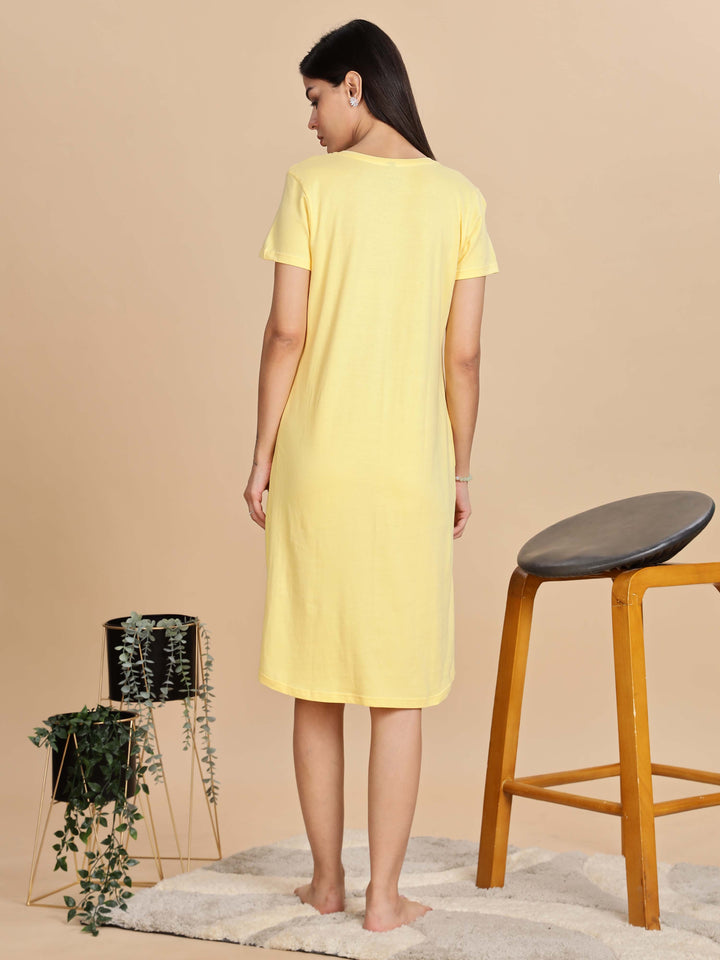 Light Yellow Short Nighty Cotton For Women