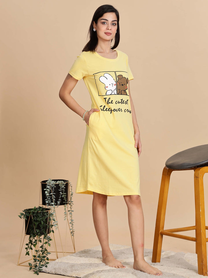 Light Yellow Short Nighty Cotton For Women