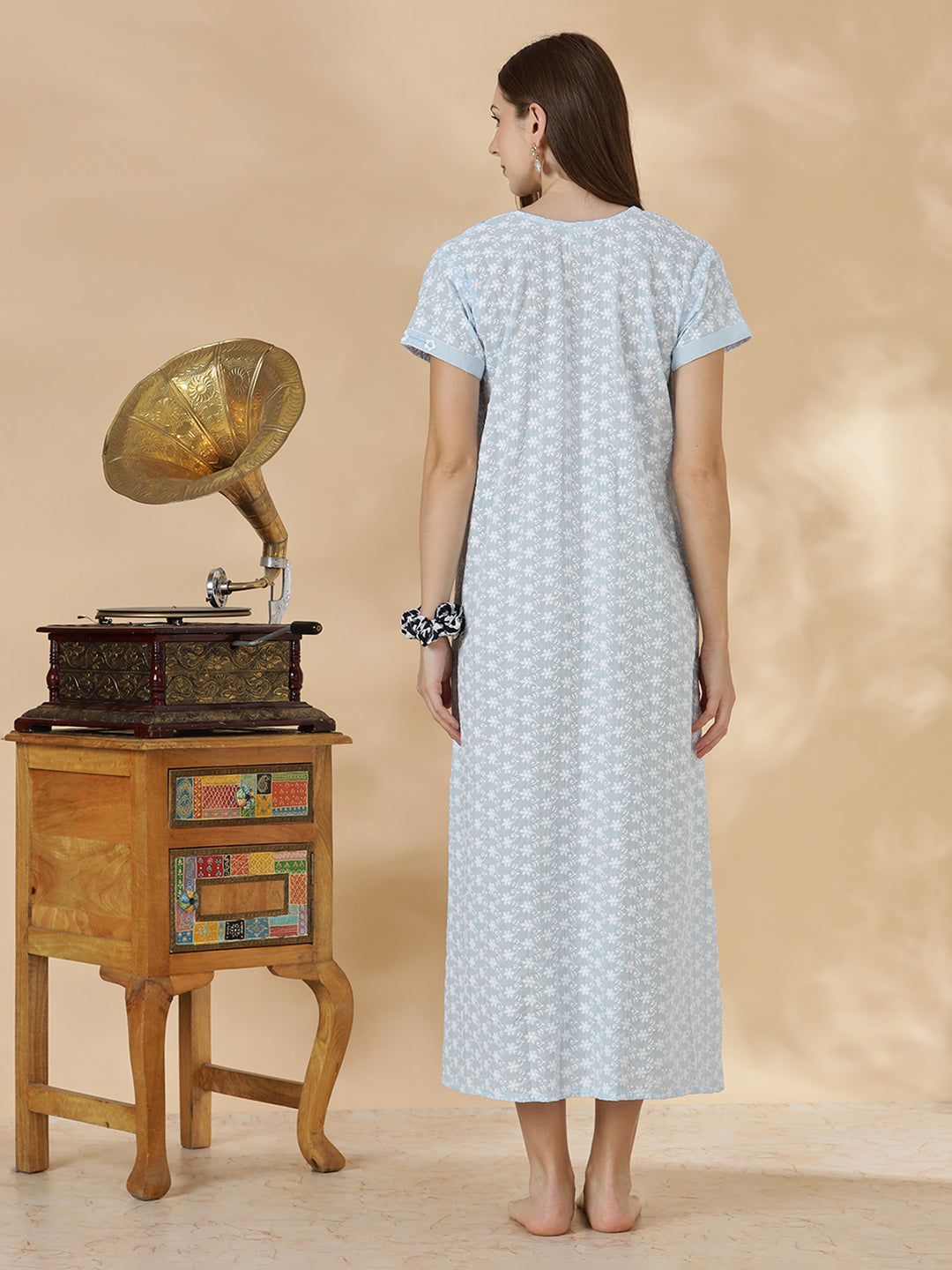 Light blue pure cotton nighty for women In chikankari embroidery