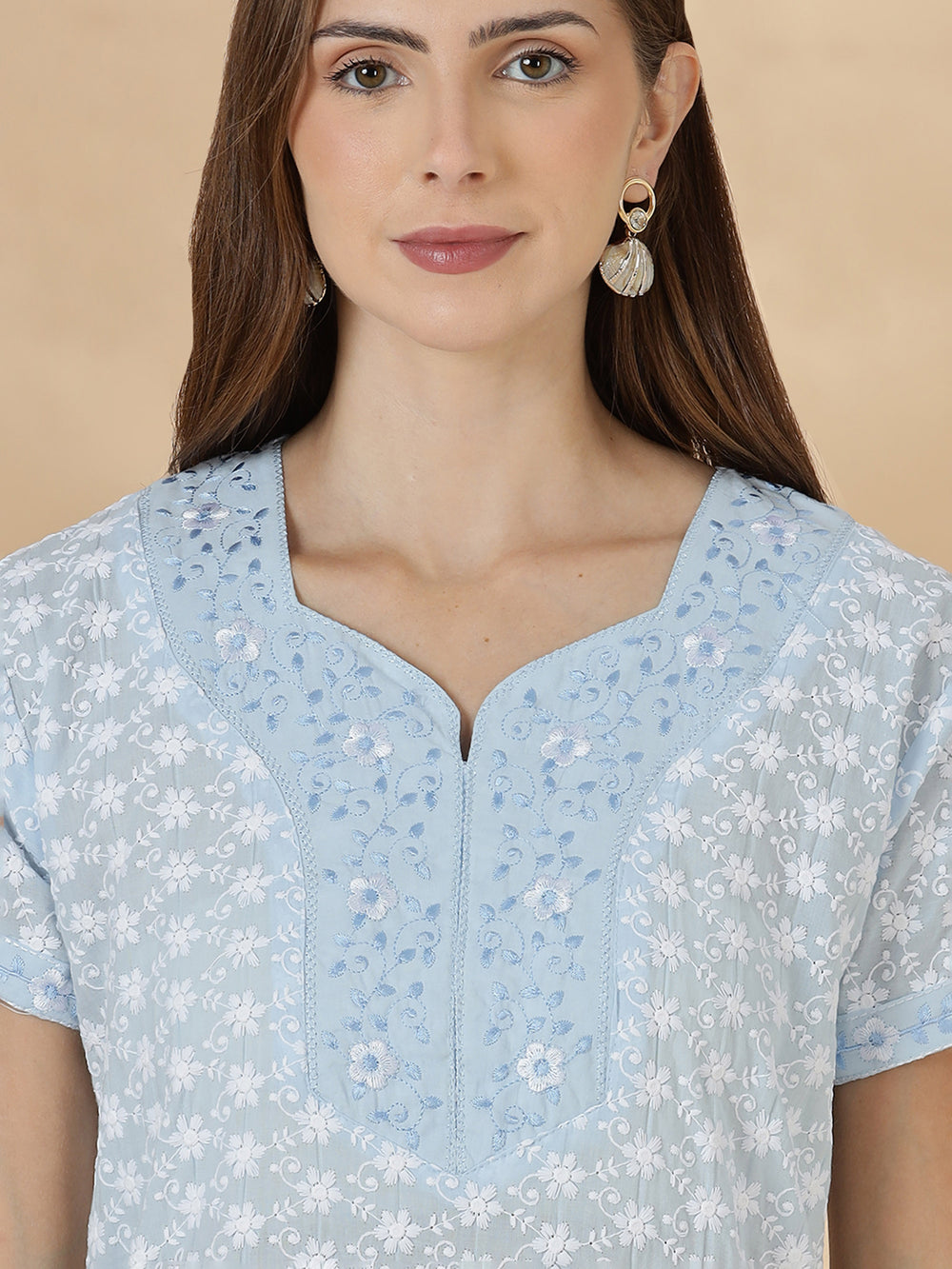 Light blue pure cotton nighty for women In chikankari embroidery
