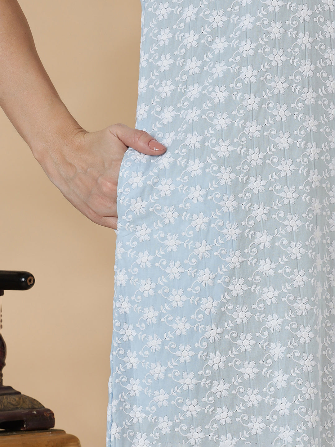 Light blue pure cotton nighty for women In chikankari embroidery