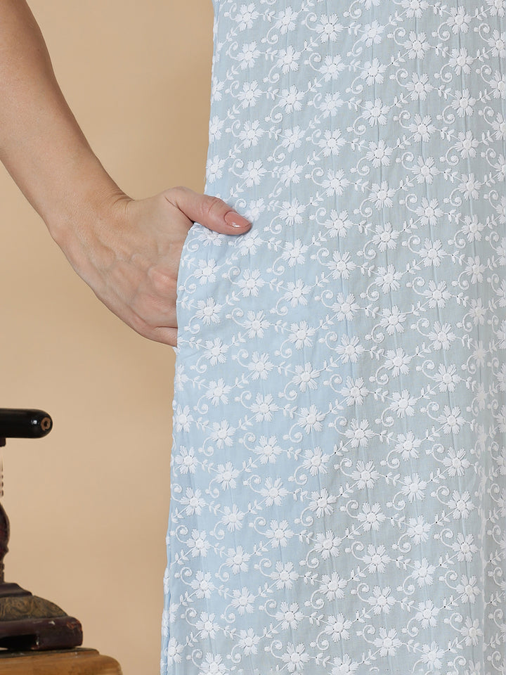 Light blue pure cotton nighty for women In chikankari embroidery