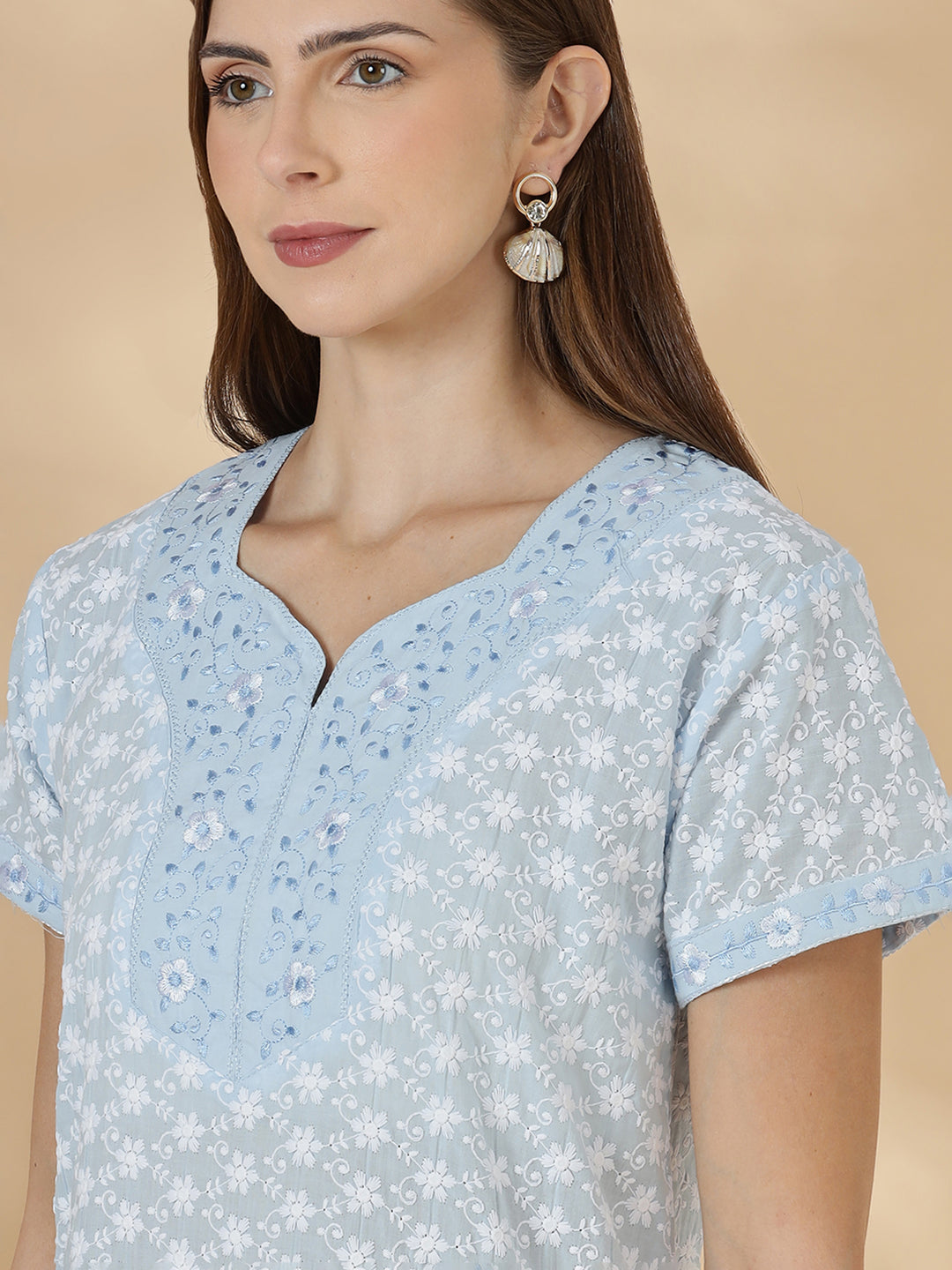 Light blue pure cotton nighty for women In chikankari embroidery