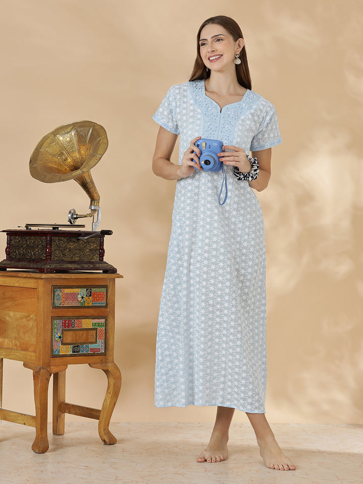 Light blue pure cotton nighty for women In chikankari embroidery