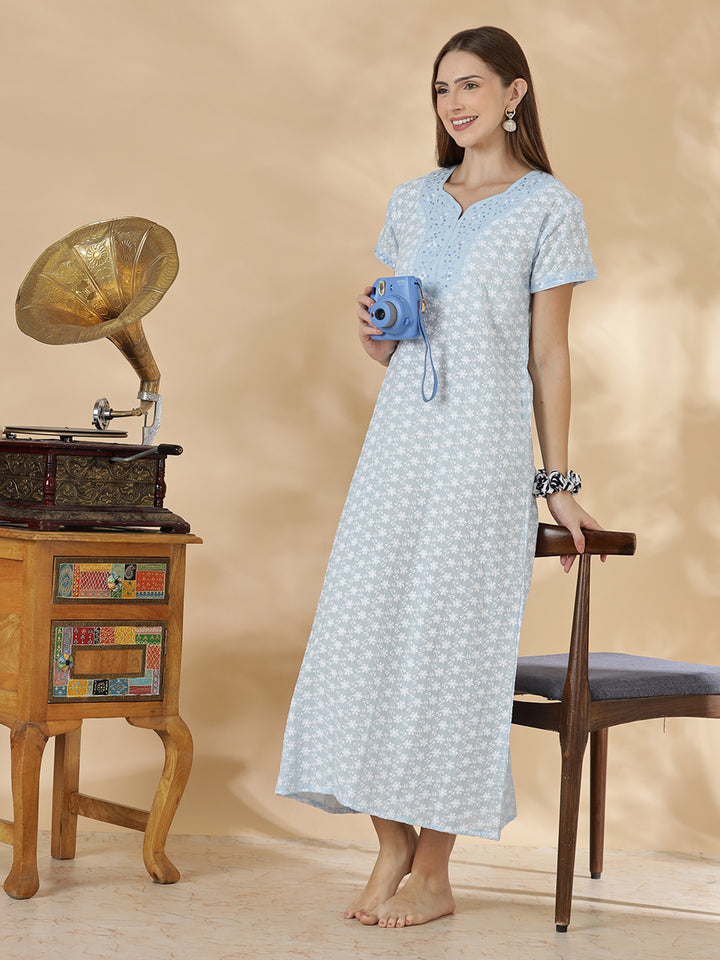 Light blue pure cotton nighty for women In chikankari embroidery