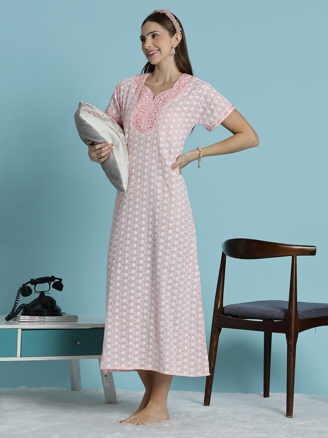 Light pink pure cotton chikankari nighty for women 