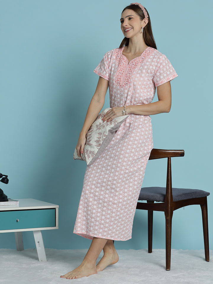 Light pink pure cotton chikankari nighty for women 