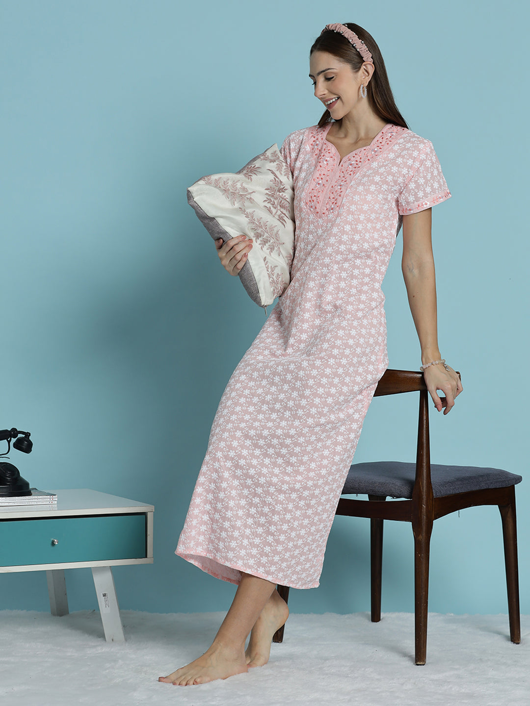 Light pink pure cotton chikankari nighty for women 