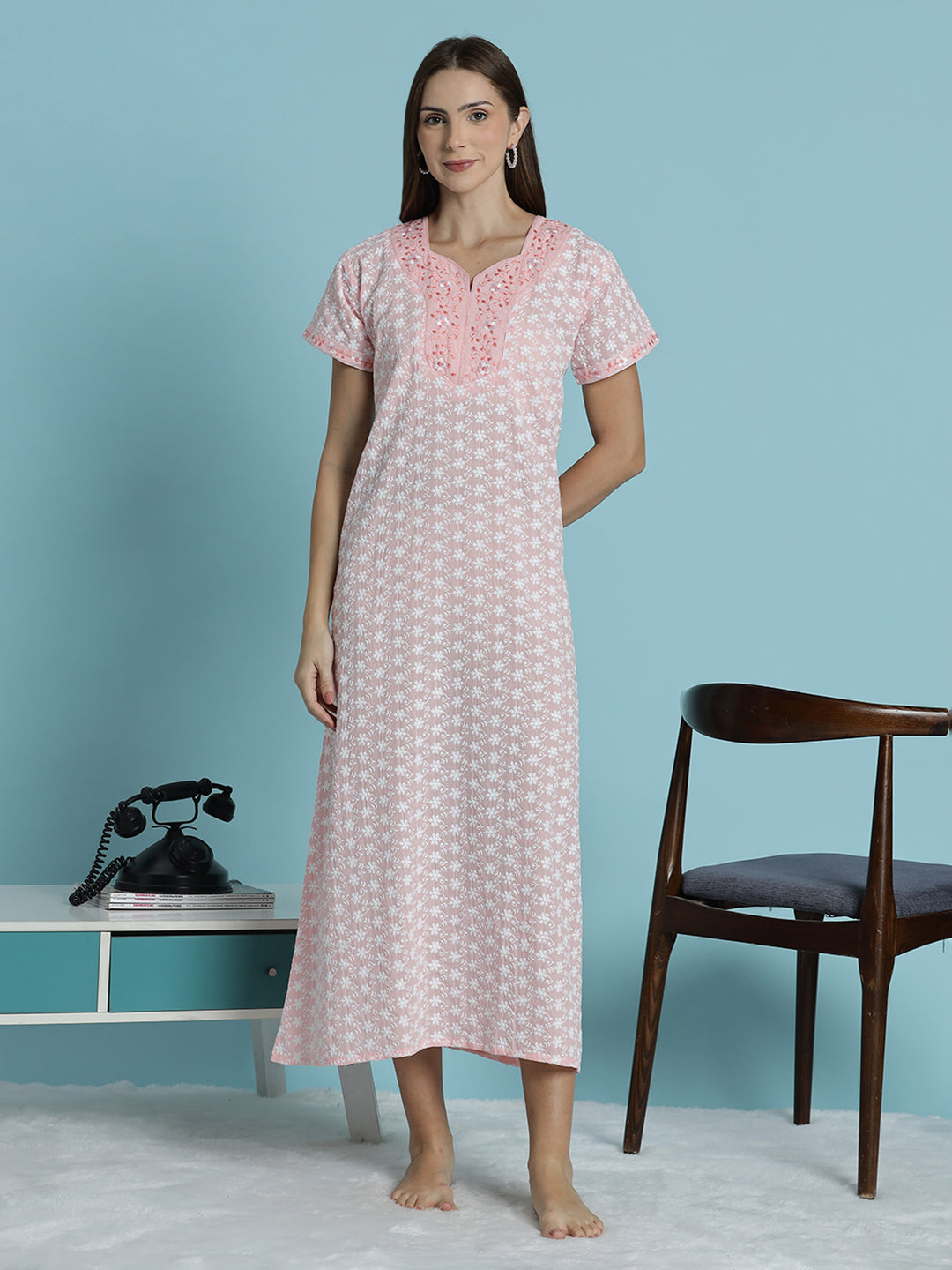 Light pink pure cotton chikankari nighty for women 