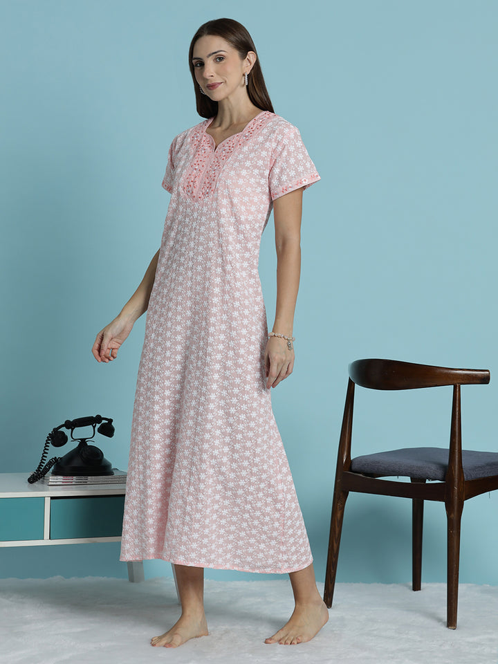 Light pink pure cotton chikankari nighty for women 