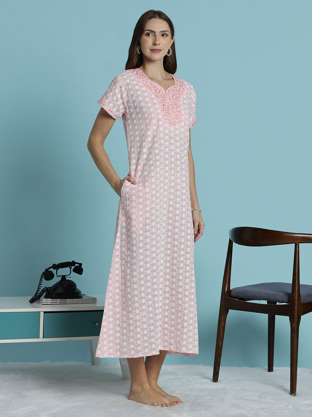 Light pink pure cotton chikankari nighty for women 