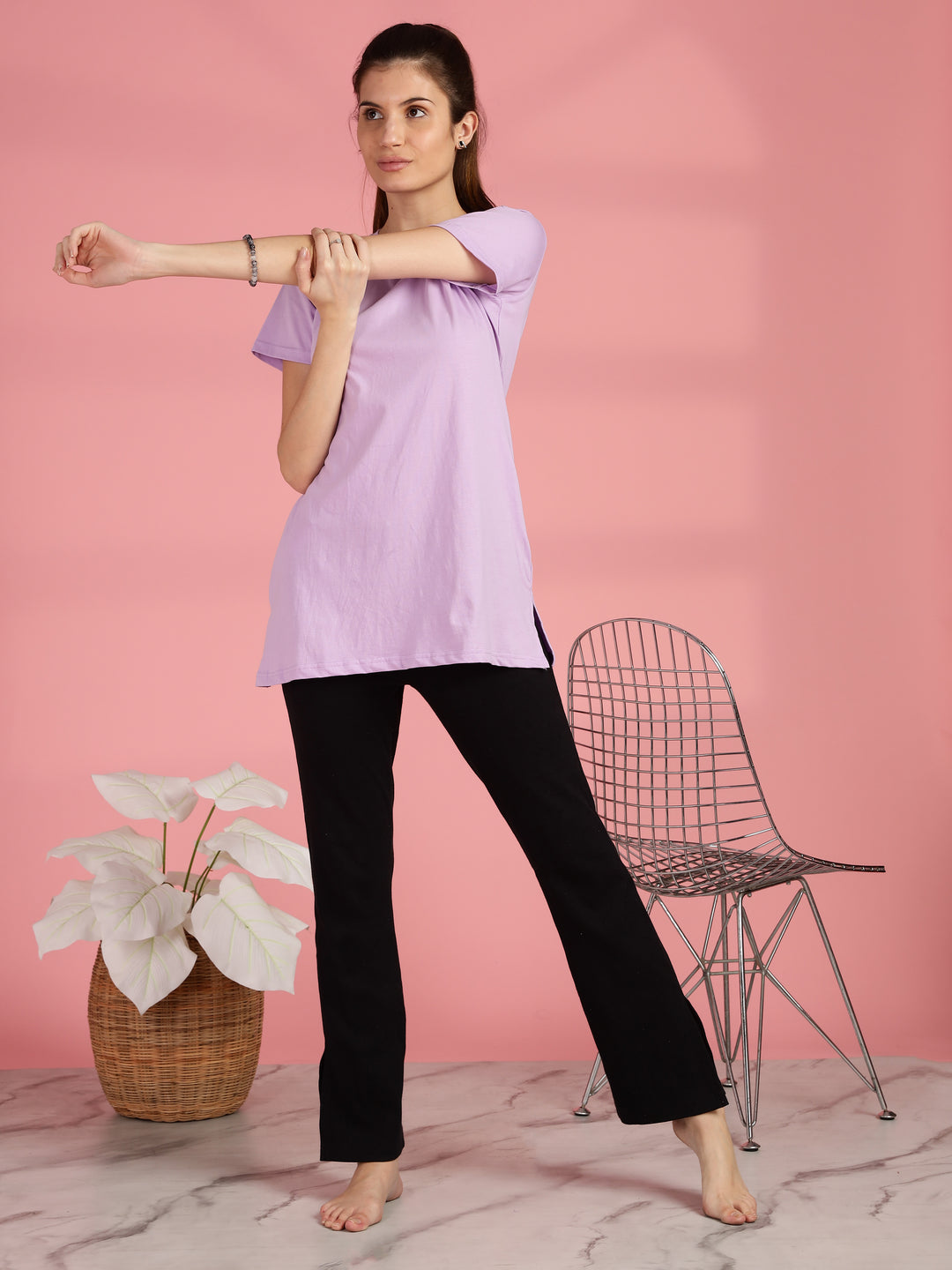 Lilac Cotton Longline T-Shirt for Women with Pockets