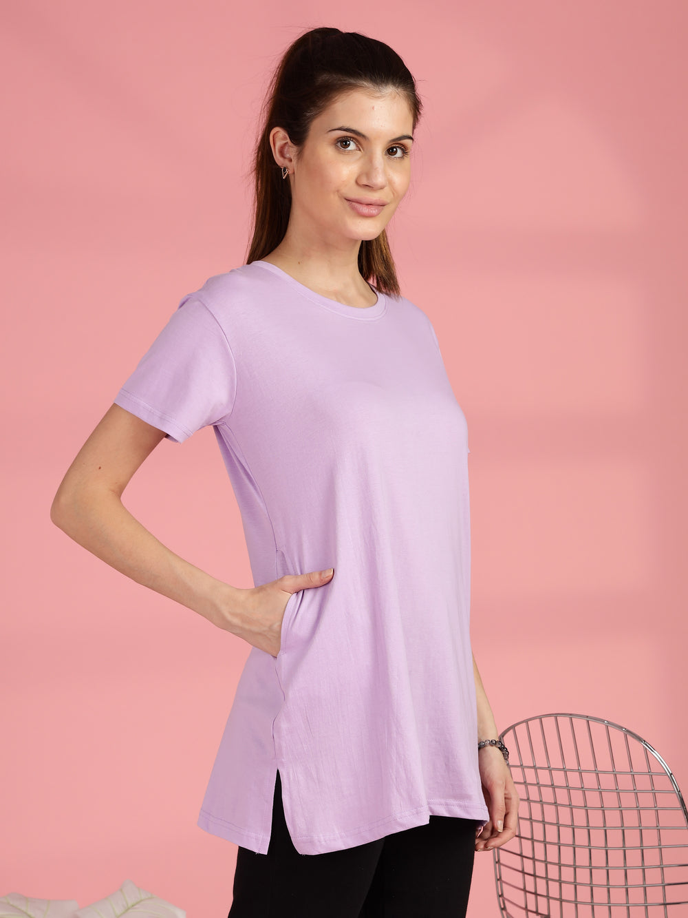 Lilac Cotton Longline T-Shirt for Women with Pockets