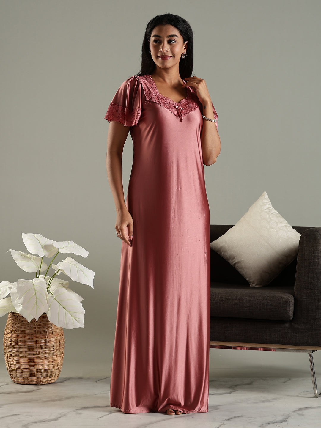 Lilac Mauve Satin Nighty for Women with Designer Details