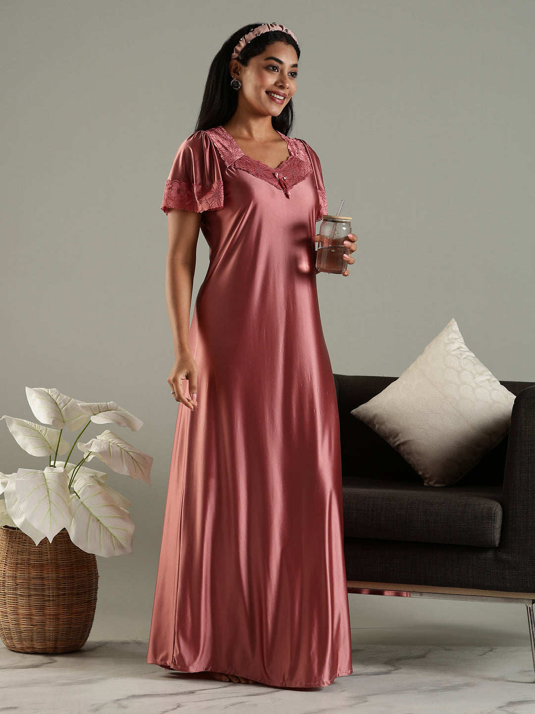 Lilac Mauve Satin Nighty for Women with Designer Details