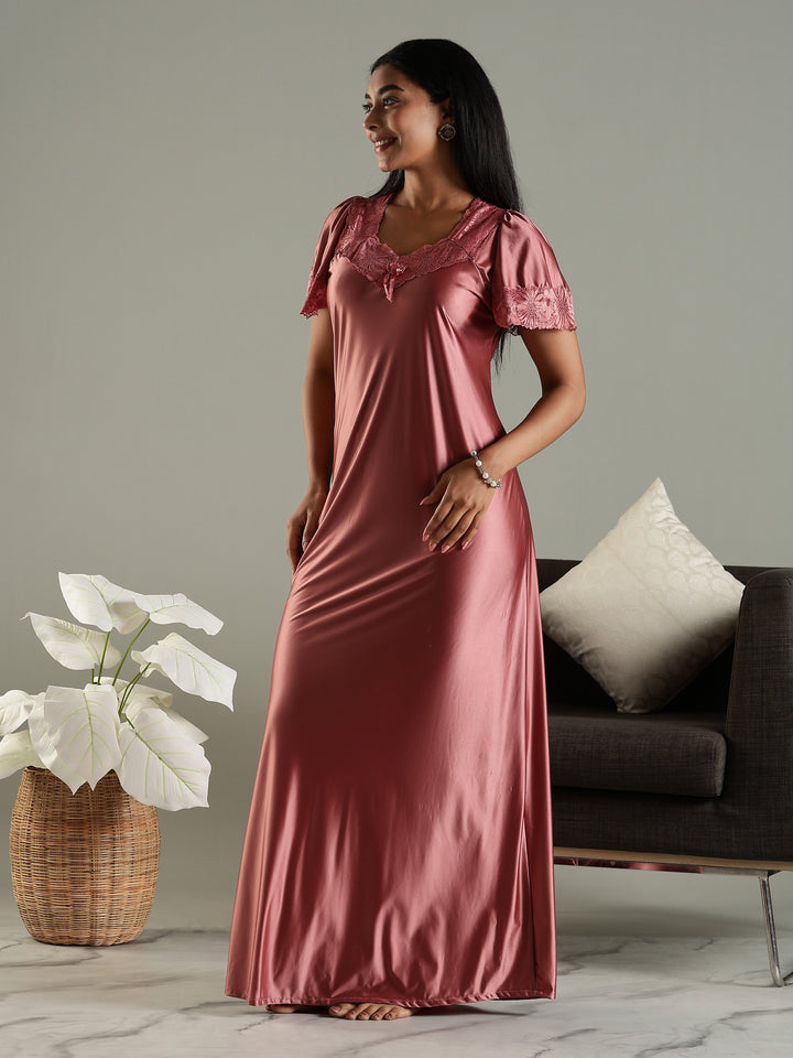 Lilac Mauve Satin Nighty for Women with Designer Details