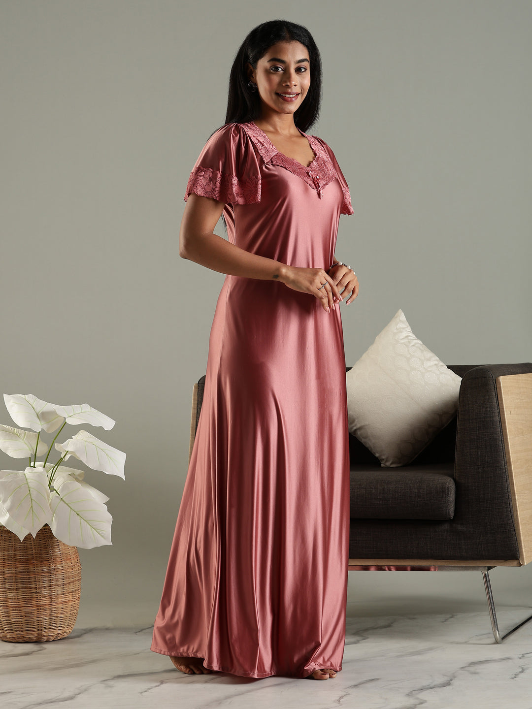Lilac Mauve Satin Nighty for Women with Designer Details