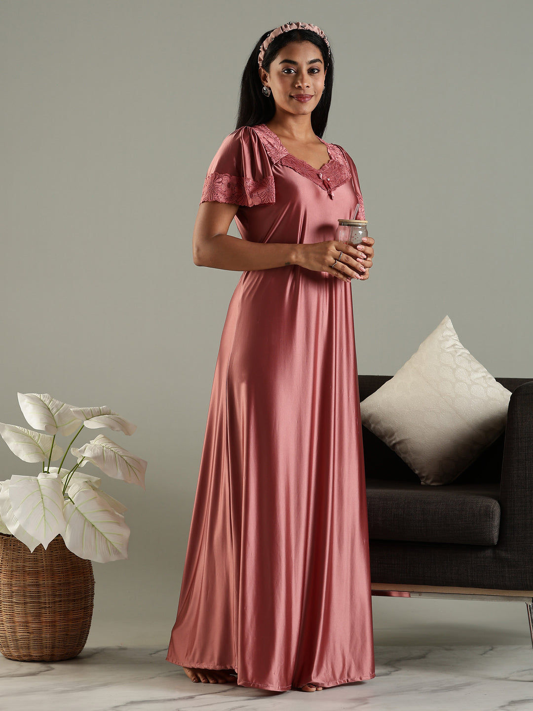 Lilac Mauve Satin Nighty for Women with Designer Details