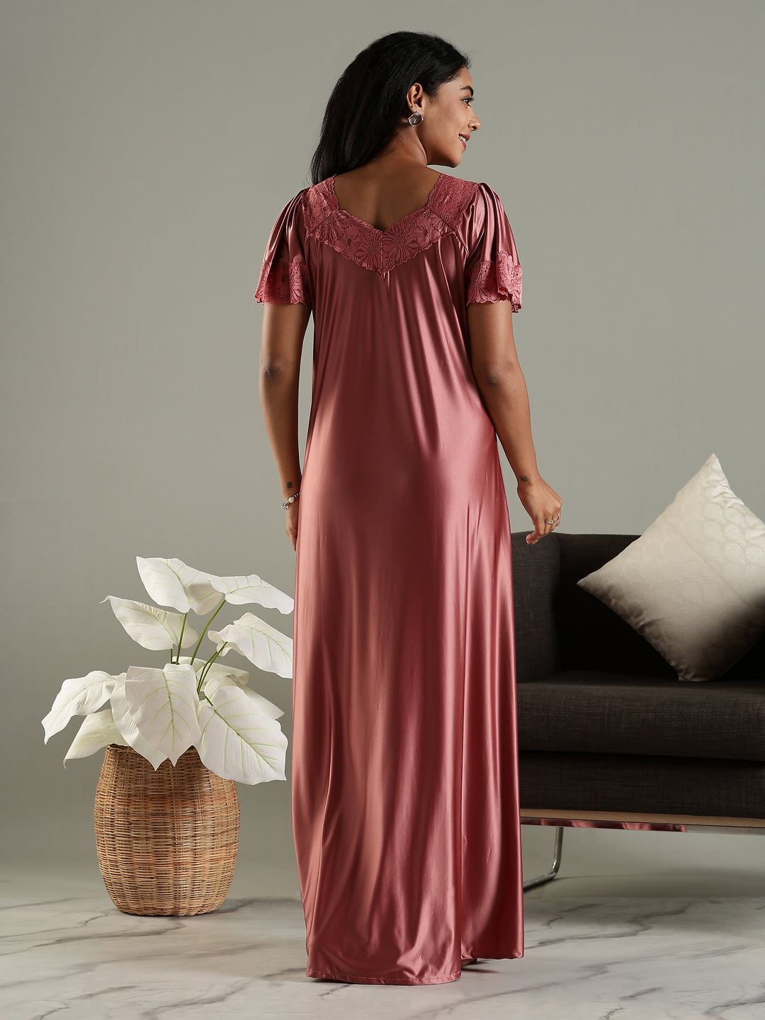 Lilac Mauve Satin Nighty for Women with Designer Details