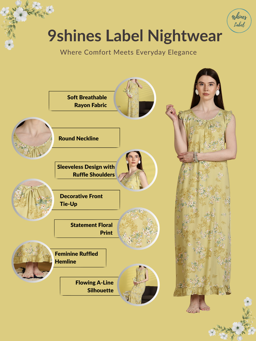 Rayon Lime Yellow Floral Sleeveless Nighty for Women