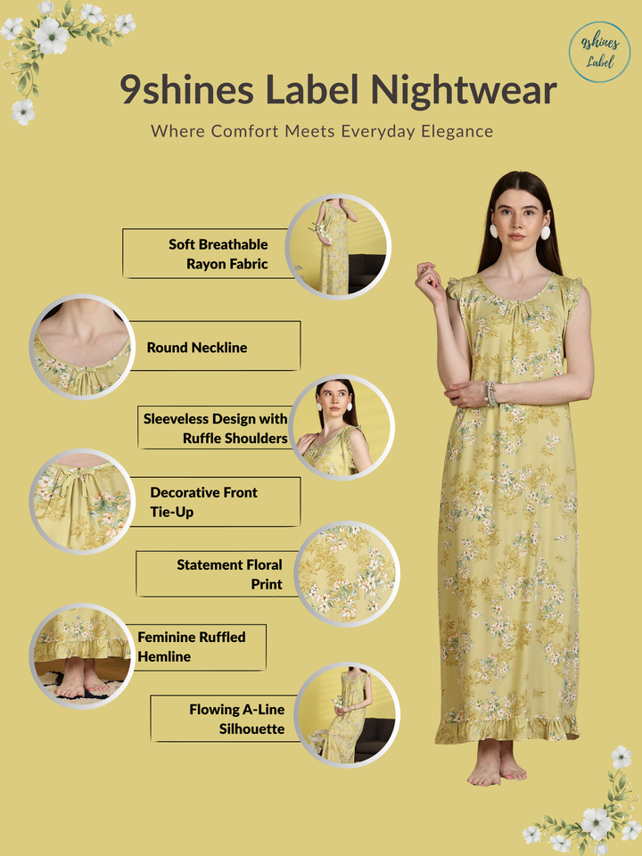 Rayon Lime Yellow Floral Sleeveless Nighty for Women