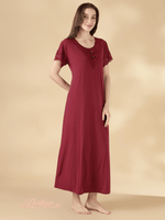 Malai A Line Nighty for Women with Lace Neck Burgundy
