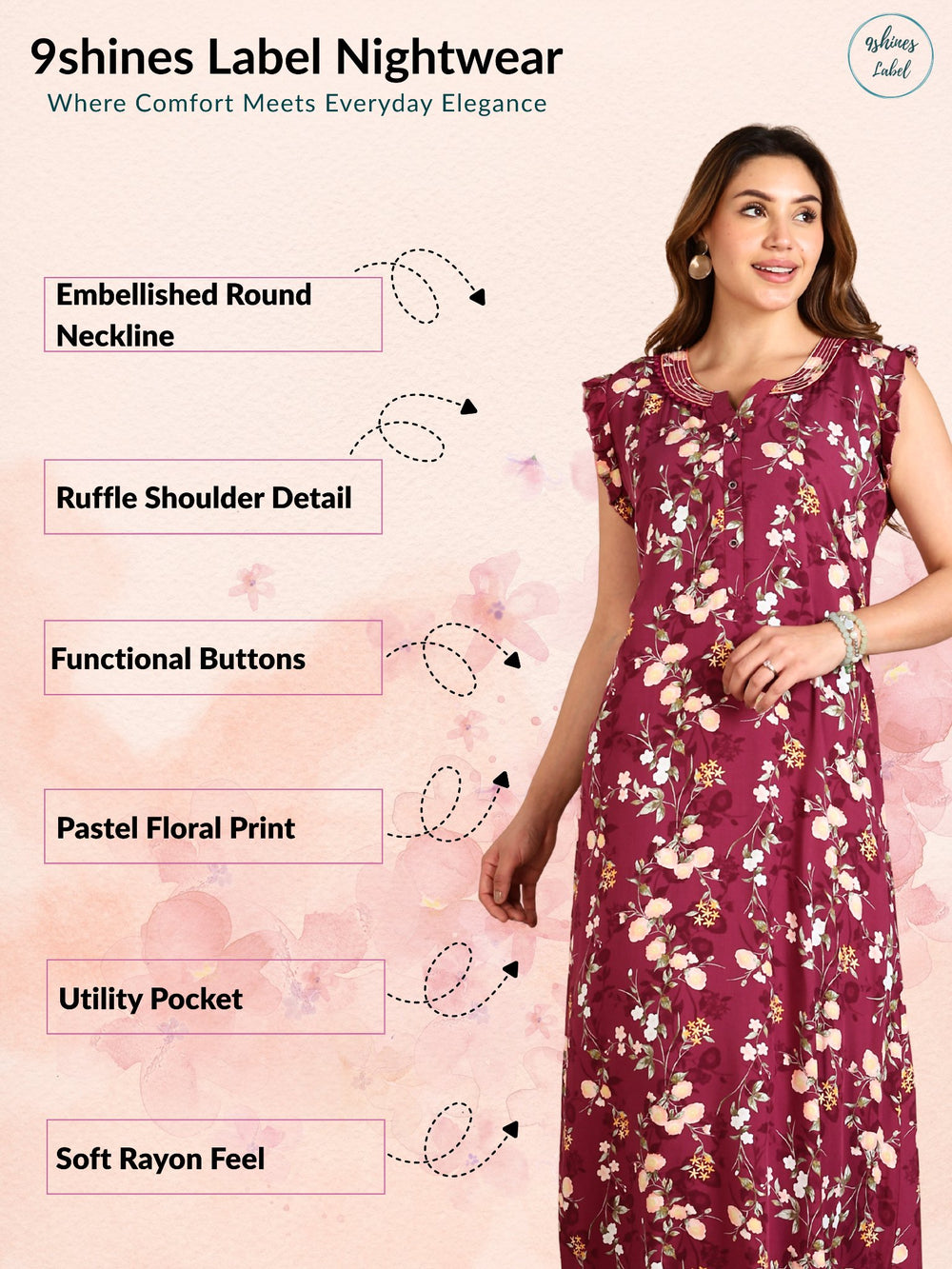 Magenta Rayon Sleeveless Nighty for Women