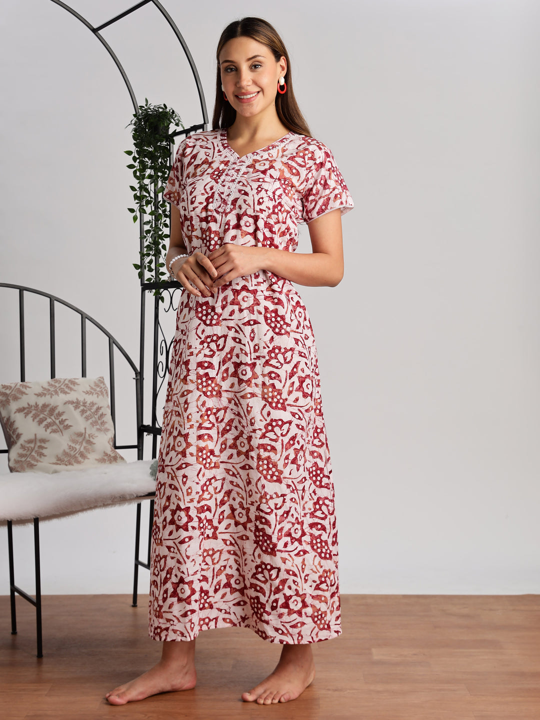 Maroon Batik Cotton Nighty for Women