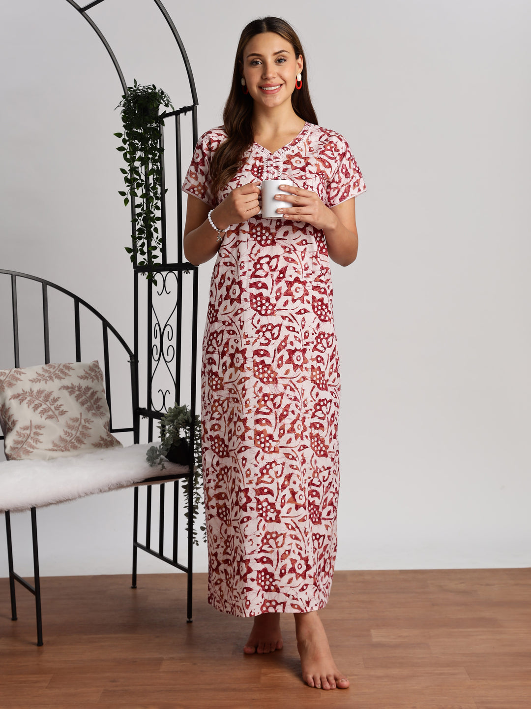 Maroon Batik Cotton Nighty for Women