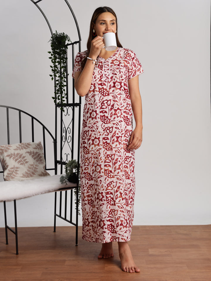 Maroon Batik Cotton Nighty for Women