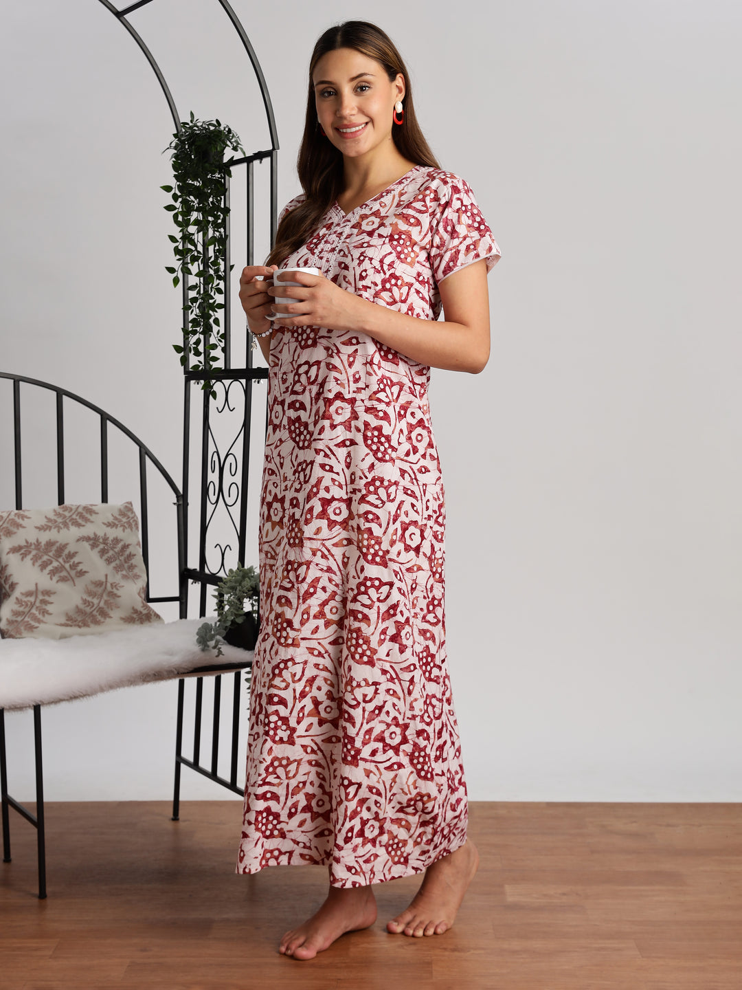Maroon Batik Cotton Nighty for Women