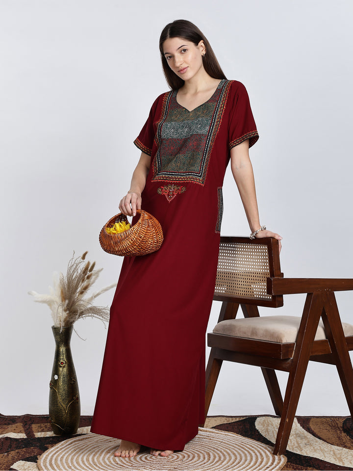 Maroon Embroidery Bizzy Lizzy Nighty for Women 
