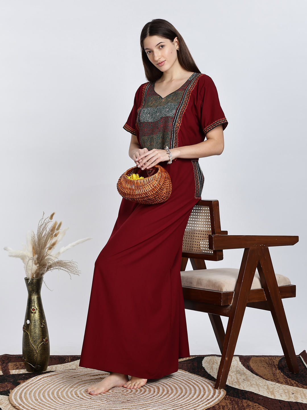 Maroon Embroidery Bizzy Lizzy Nighty for Women 
